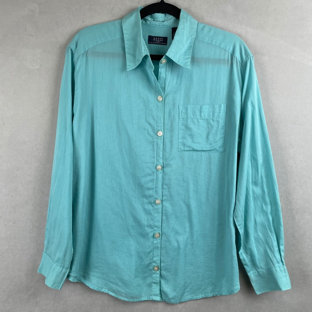 Crazy Horse Liz Claiborne Aqua Blue Cotton Button Up Shirt Long Sleeve Beachy L